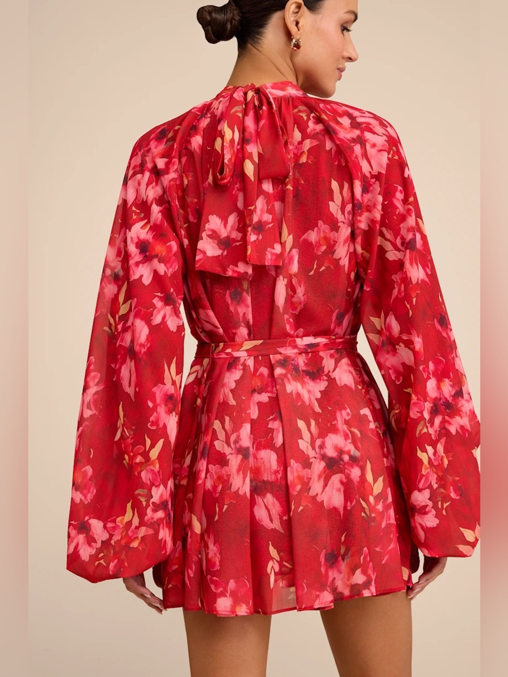 Lulus Lata Red Floral Mock Neck Belted Mini Dress - Picture 3 of 10